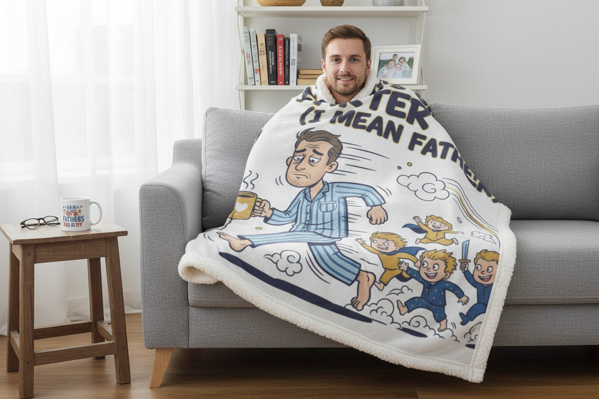 Dad fully wrapped in World's Greatest Farter 60x80 premium blanket on couch