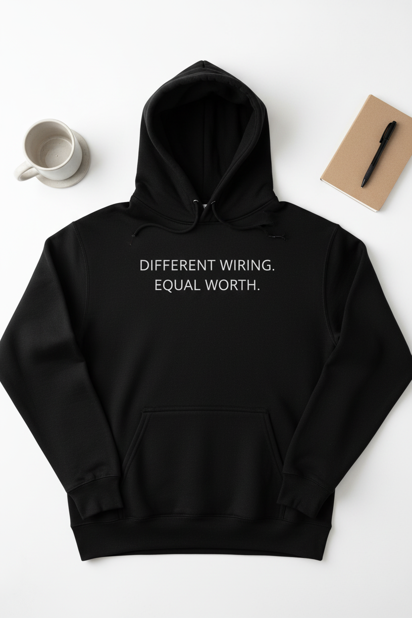 Flat lay of Different Wiring Equal Worth black neurodivergent tall hoodie