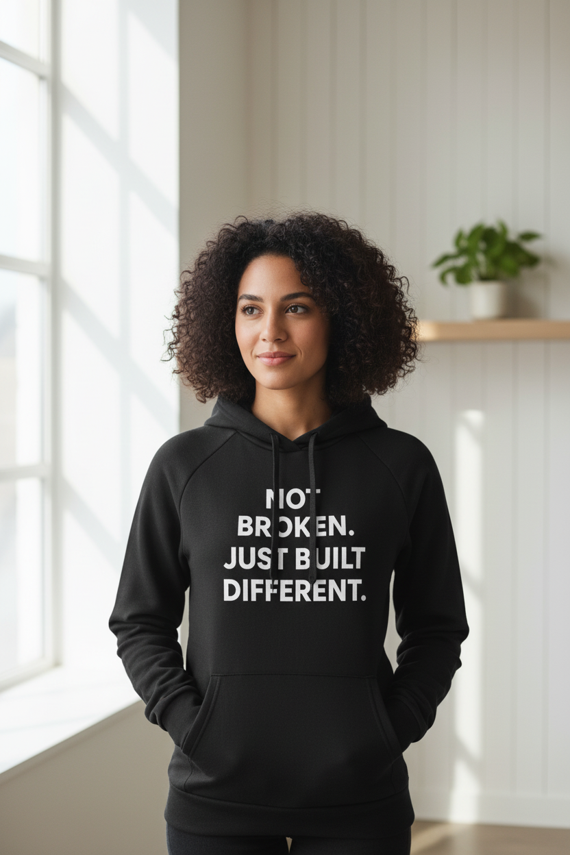 Woman wearing Not Broken Just Built Different black Under Armour hoodie indoors