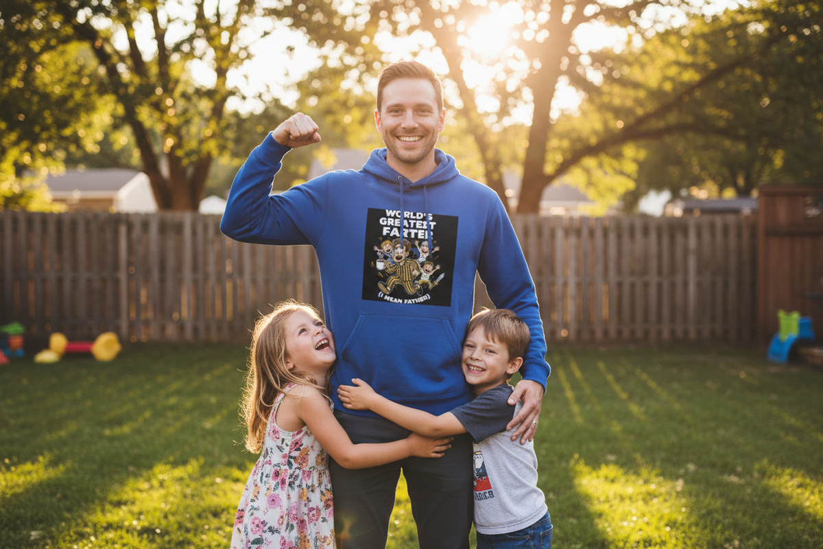 Dad wearing World's Greatest Farter hoodie posing with kids hugging in sunny backyard