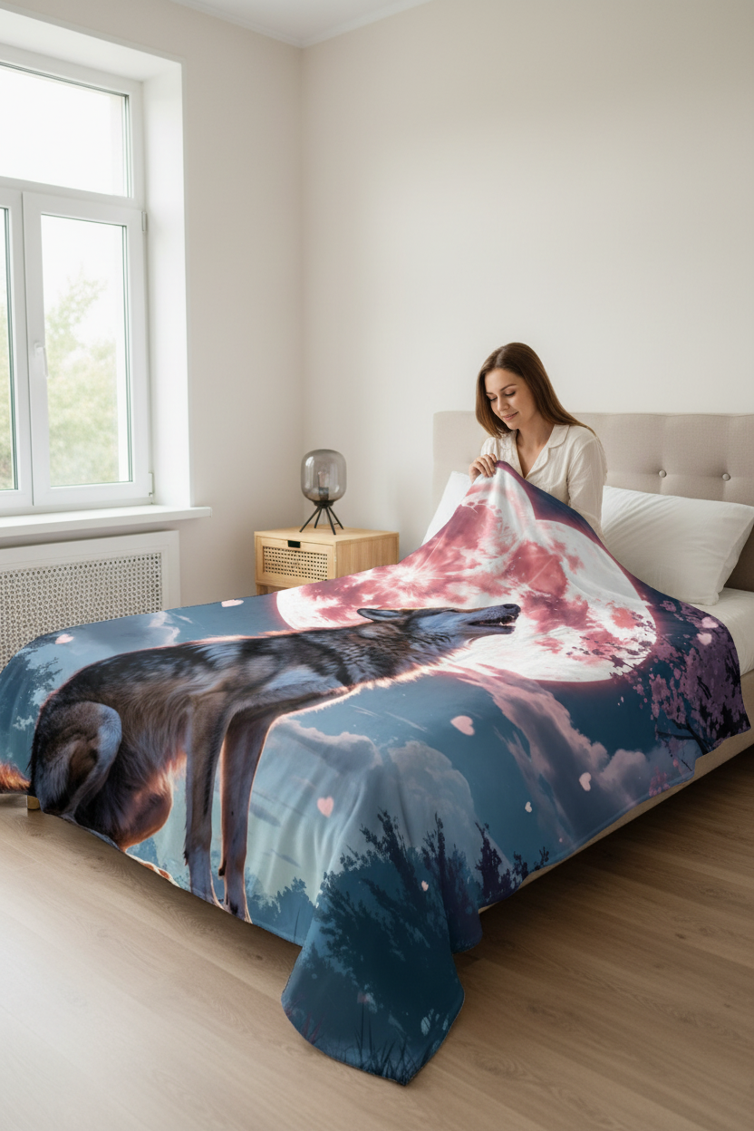 Woman sitting on bed with Timber Wolf heart moon blanket spread across her lap