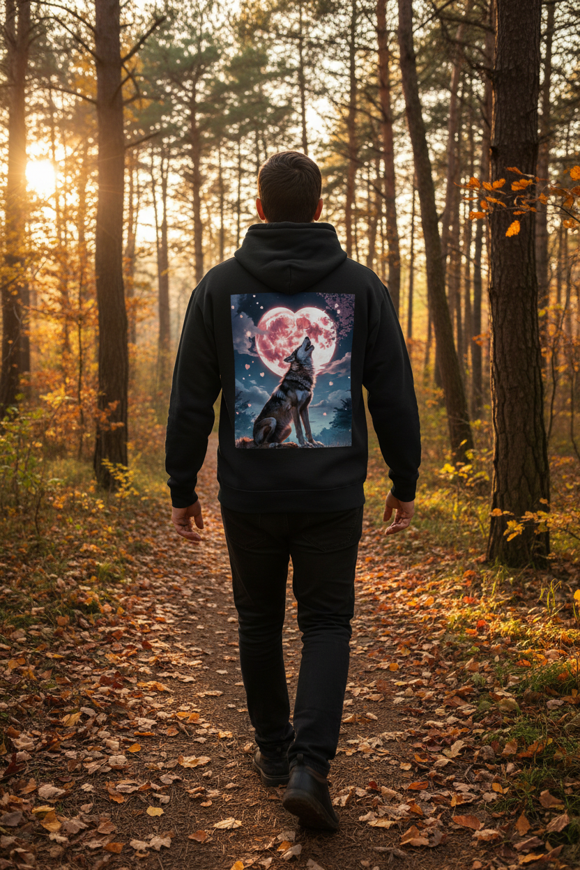 Timber Wolf hoodie back design — Middle Eastern man hiking through pine trees