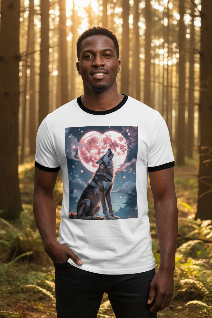 Timber Wolf ringer tee worn by Black man in forest with golden hour light