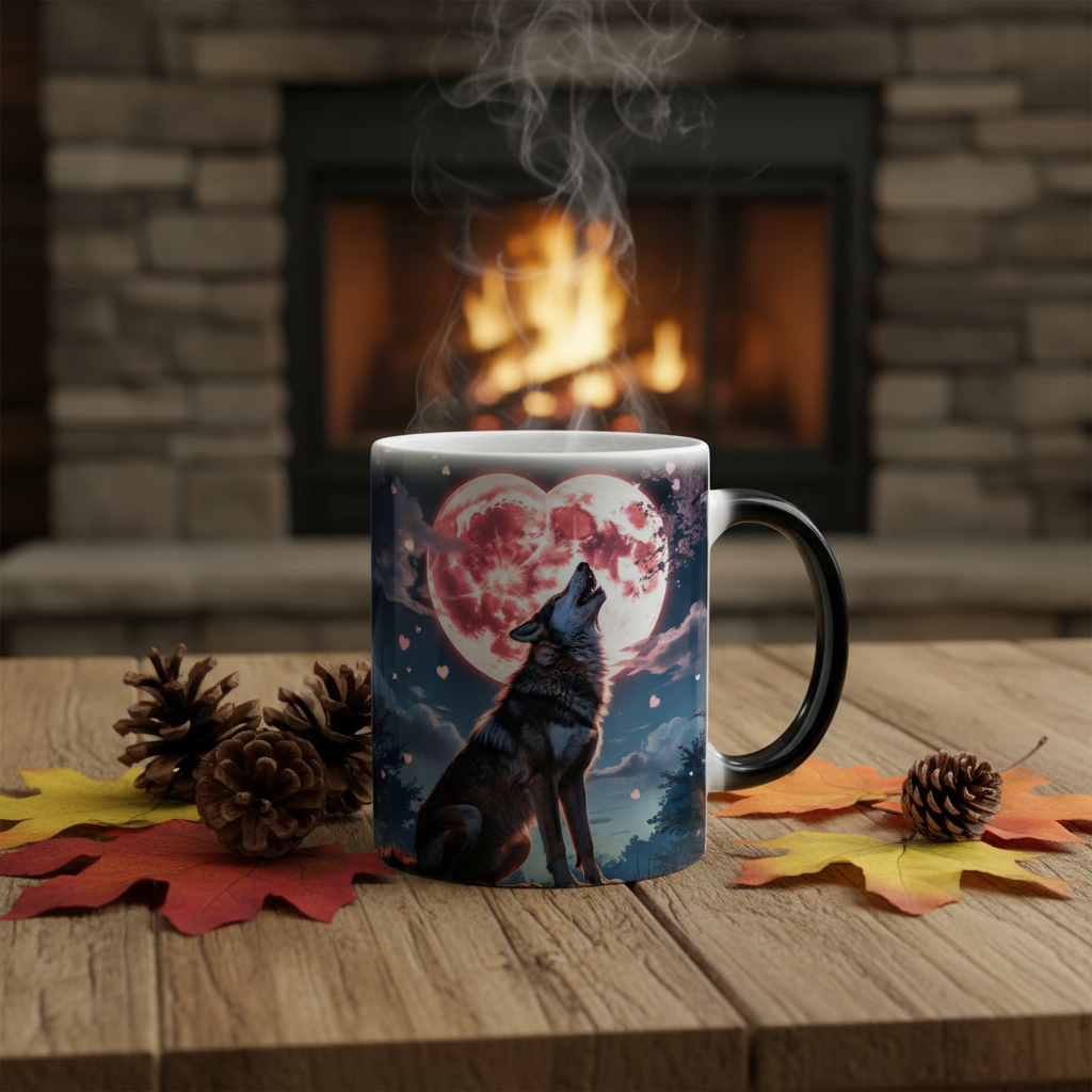 Timber Wolf color changing mug on rustic cabin table next to fireplace with steam rising