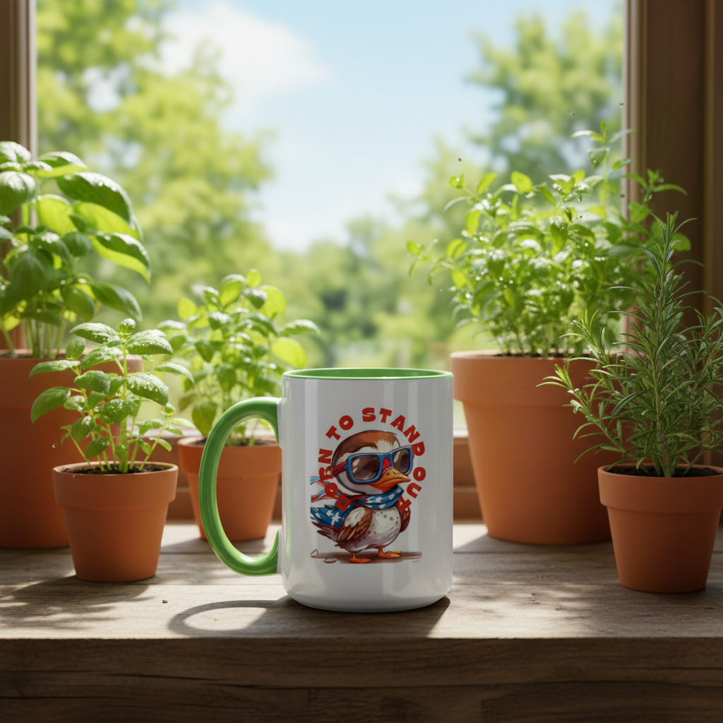 Light green accent mug on kitchen windowsill with plants