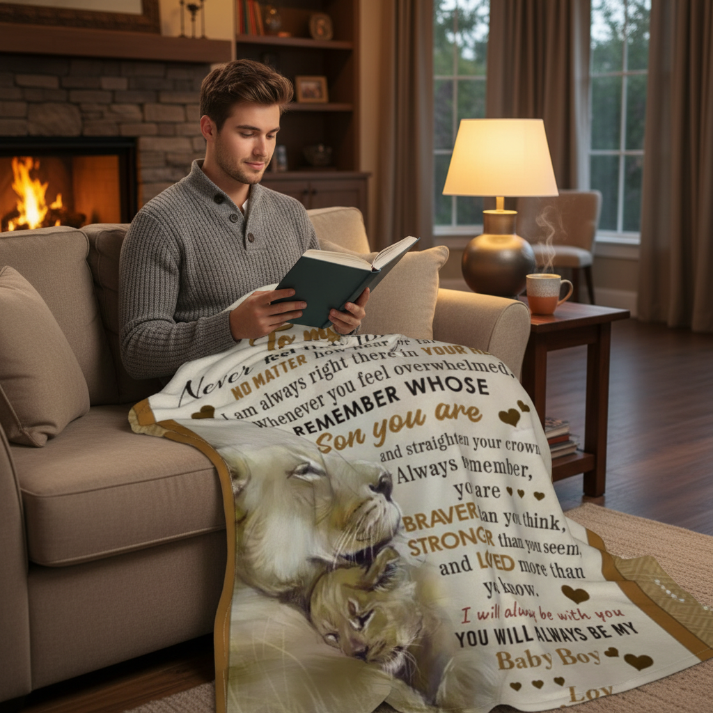 To My Son cozy arctic fleece blanket draped over young man on couch in warm living room
