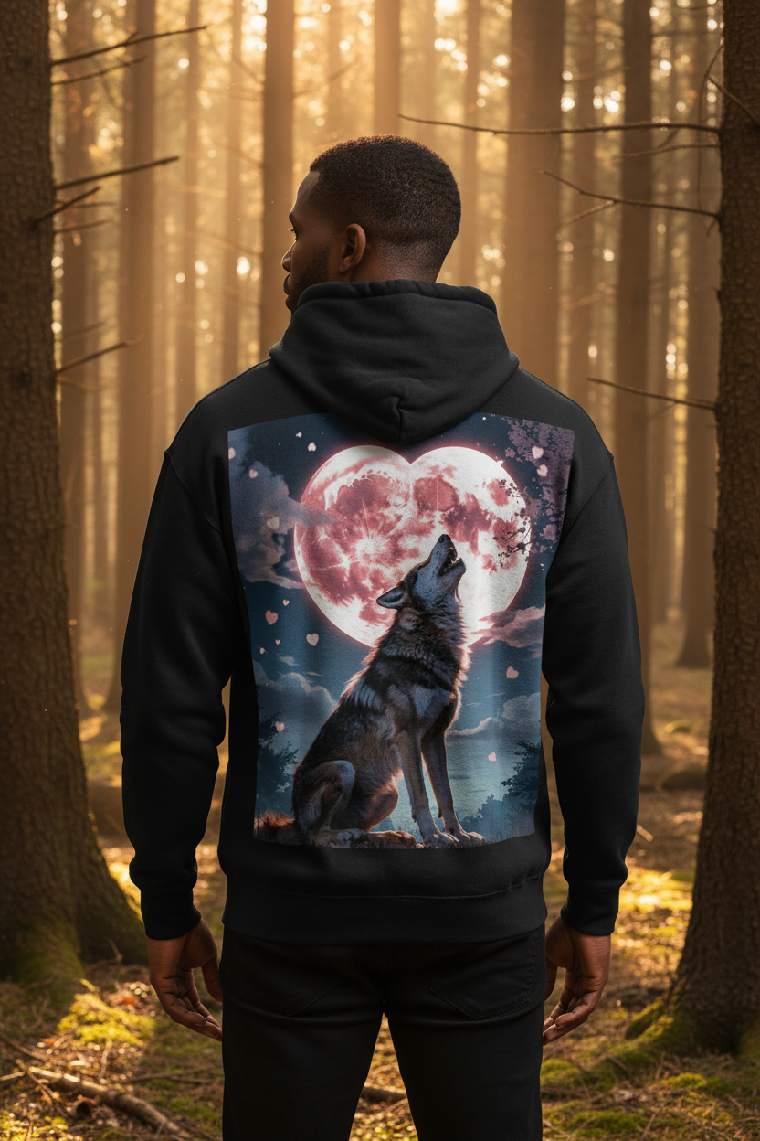 Timber Wolf hoodie back design — Black hoodie, Black man in forest at golden hour