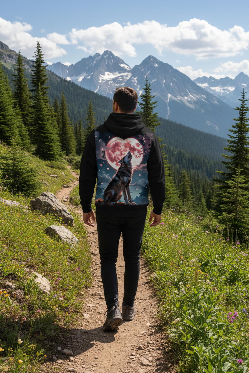 Timber Wolf hoodie back design — Hispanic man on mountain trail