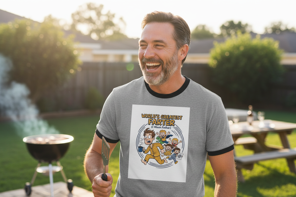 Dad wearing World's Greatest Farter t-shirt at Father's Day BBQ with spatula