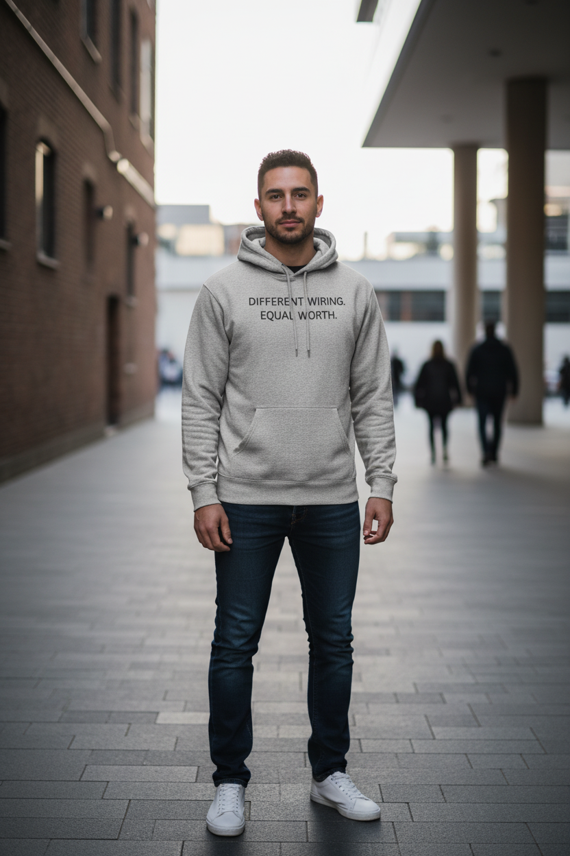 Man outdoors wearing Different Wiring Equal Worth vintage heather hoodie