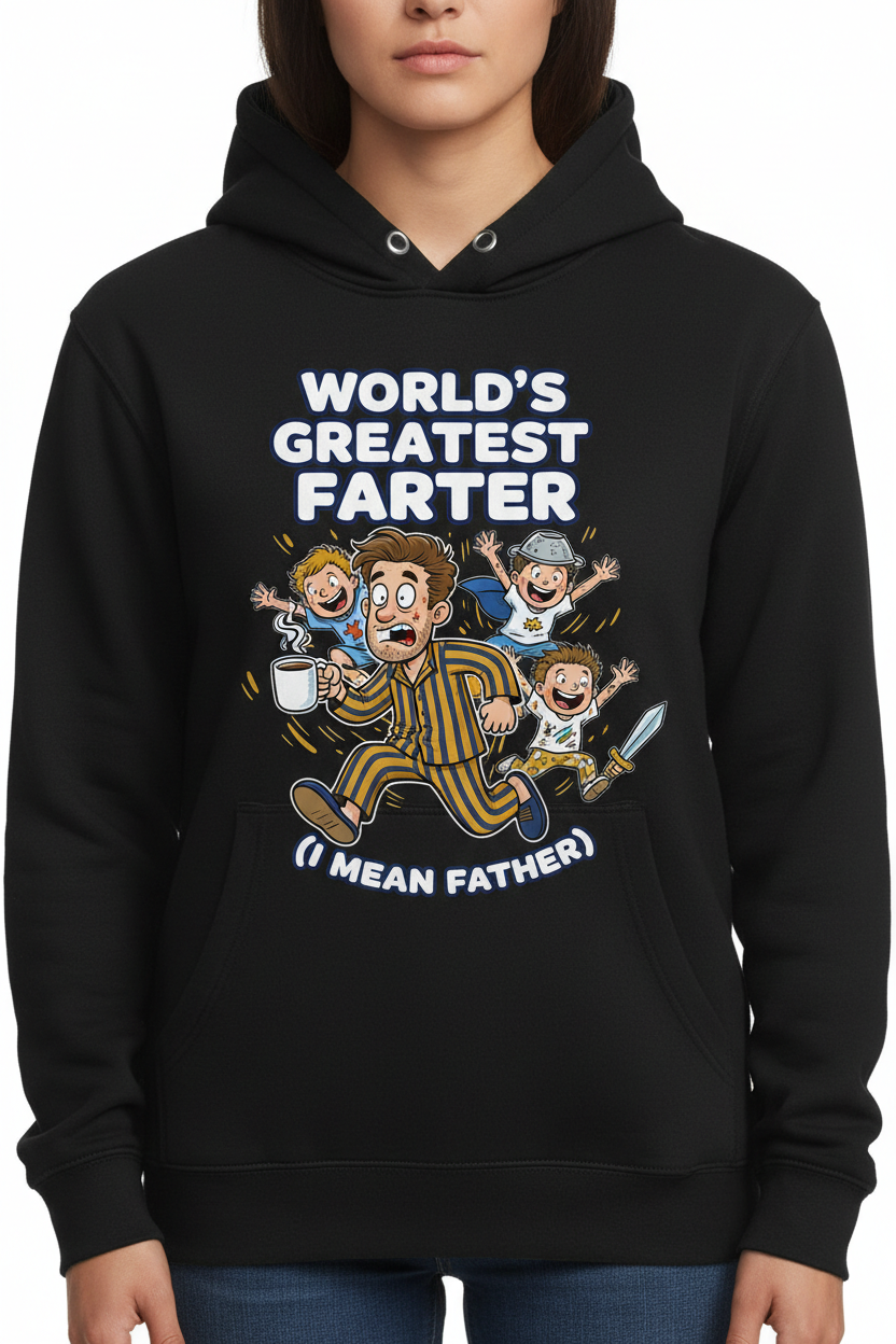 Funny World's Greatest Farter I Mean Father premium hoodie with dad sprinting from kids on back