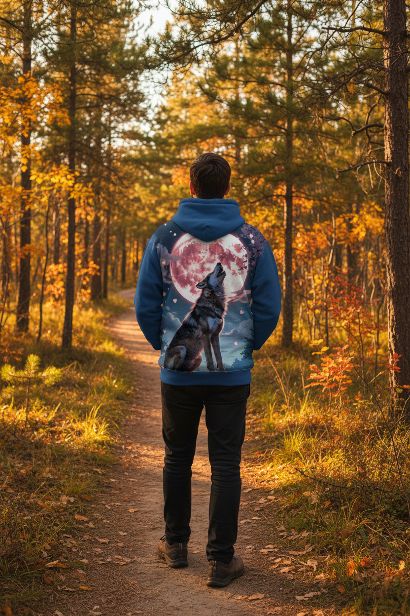 Timber Wolf hoodie back design — Royal blue hoodie, Middle Eastern man hiking through pine trees