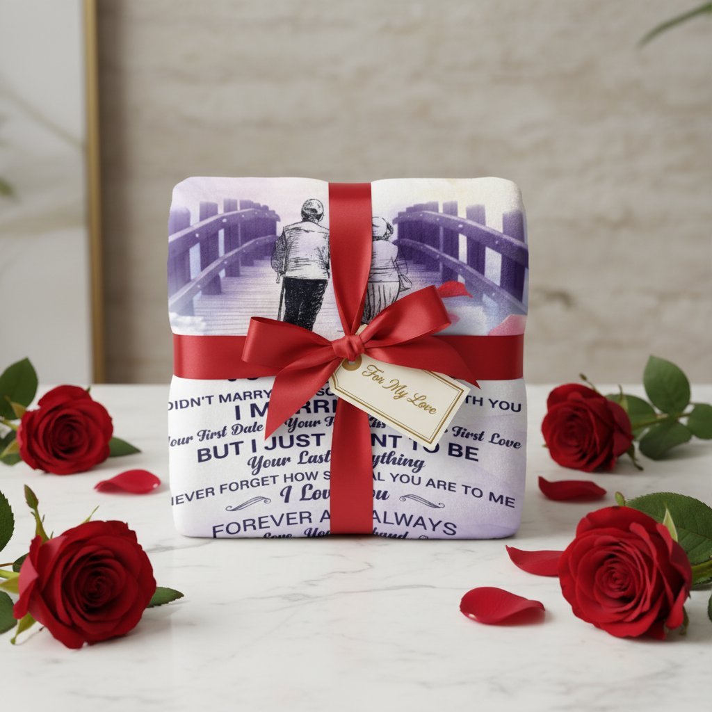 To My Wife cozy arctic fleece blanket folded as romantic gift with ribbon and red roses
