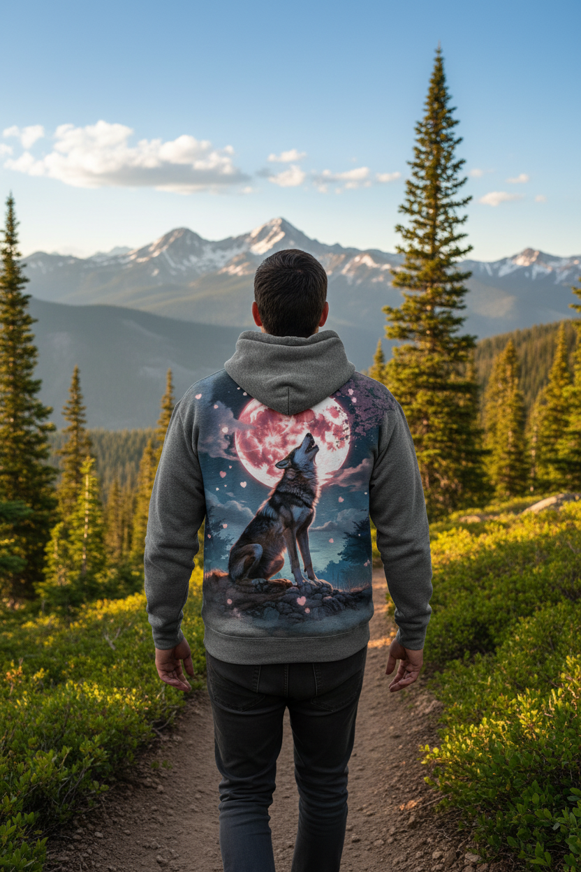 Timber Wolf hoodie back design — Grey hoodie, Hispanic man on mountain trail